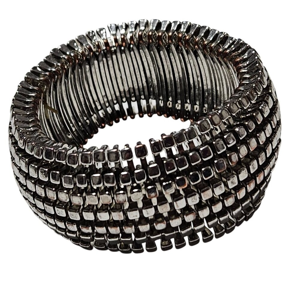 Vintage Silver Tone Chunky Stretch Bracelet Square Bead Design Fashion Jewelry